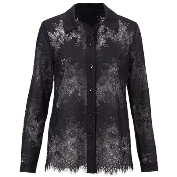 CABI St. Regis Black Blouse Floral Sheer Lace Collared Button-Up Size Medium M - Picture 1 of 11